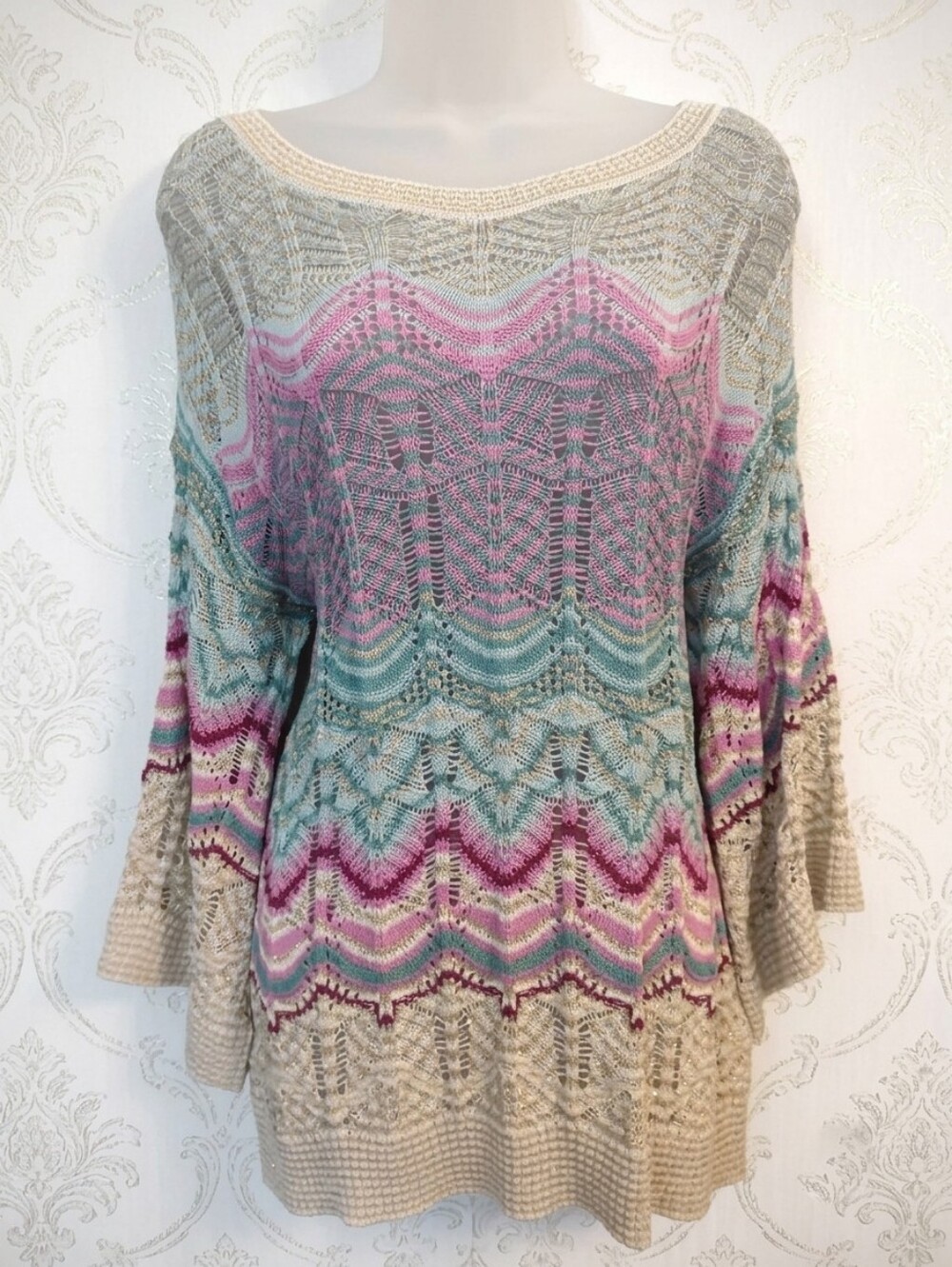 Soft Surroundings Metallic Open Knit Chevron Bell Sleeve Sweater Top Medium